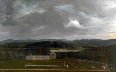 Oostelijk uitzicht op Newstead Abbey, Nottinghamshire en de grote tuin, 1758